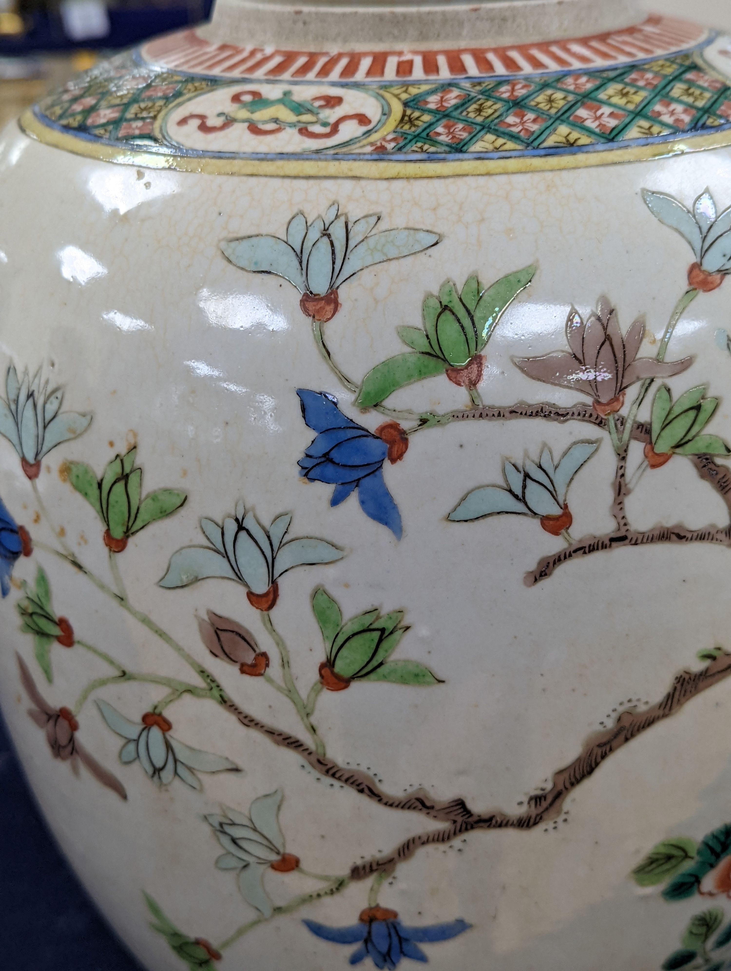 An early 20th century Chinese famille verte crackle glaze jar, 30cm